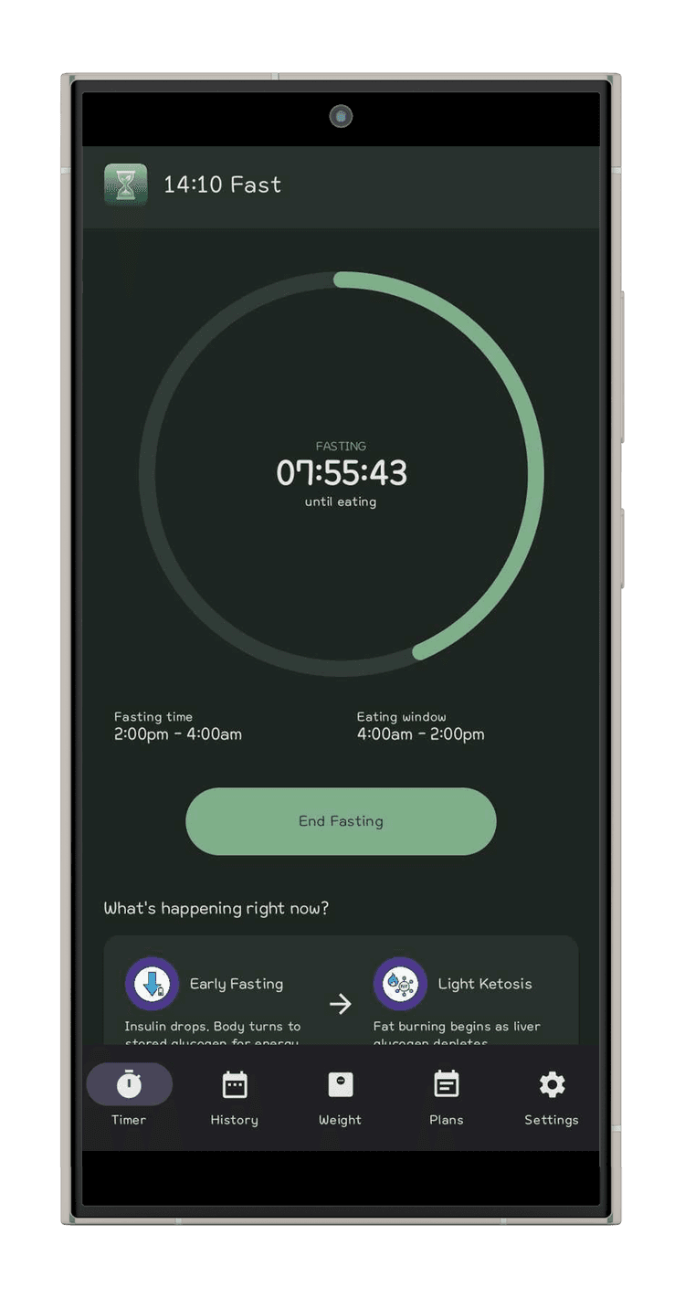 FastTime Timer screen — dark mode